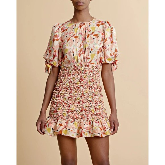 🆕 By TiMo Shirred Smocked Ruffle Crepe Satin Mini Dress Floral Medium - Picture 7 of 16